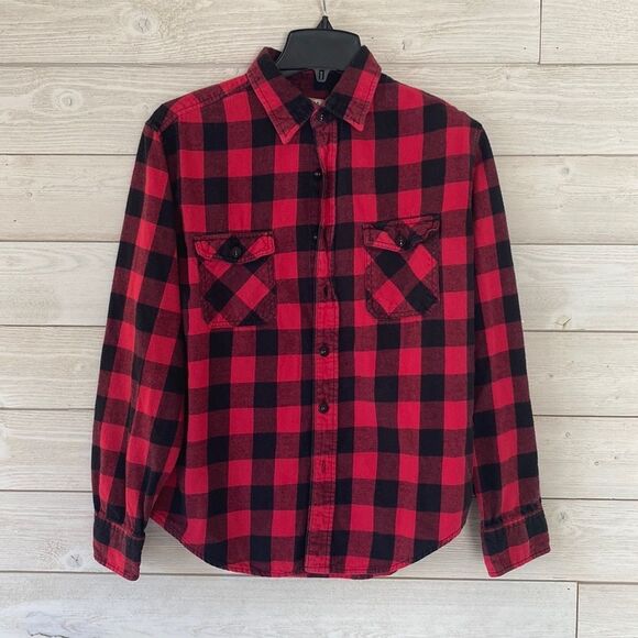 Arizona Buffalo plaid flannel black and red button down shirt EUC - Picture 1 of 6
